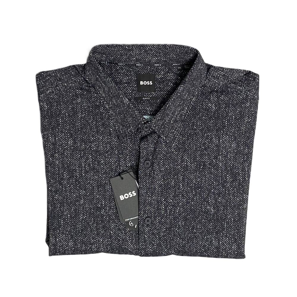 Boss Performance Shirt Men's XXL Slim Fit Long Slv Black/White Herringbone NEW